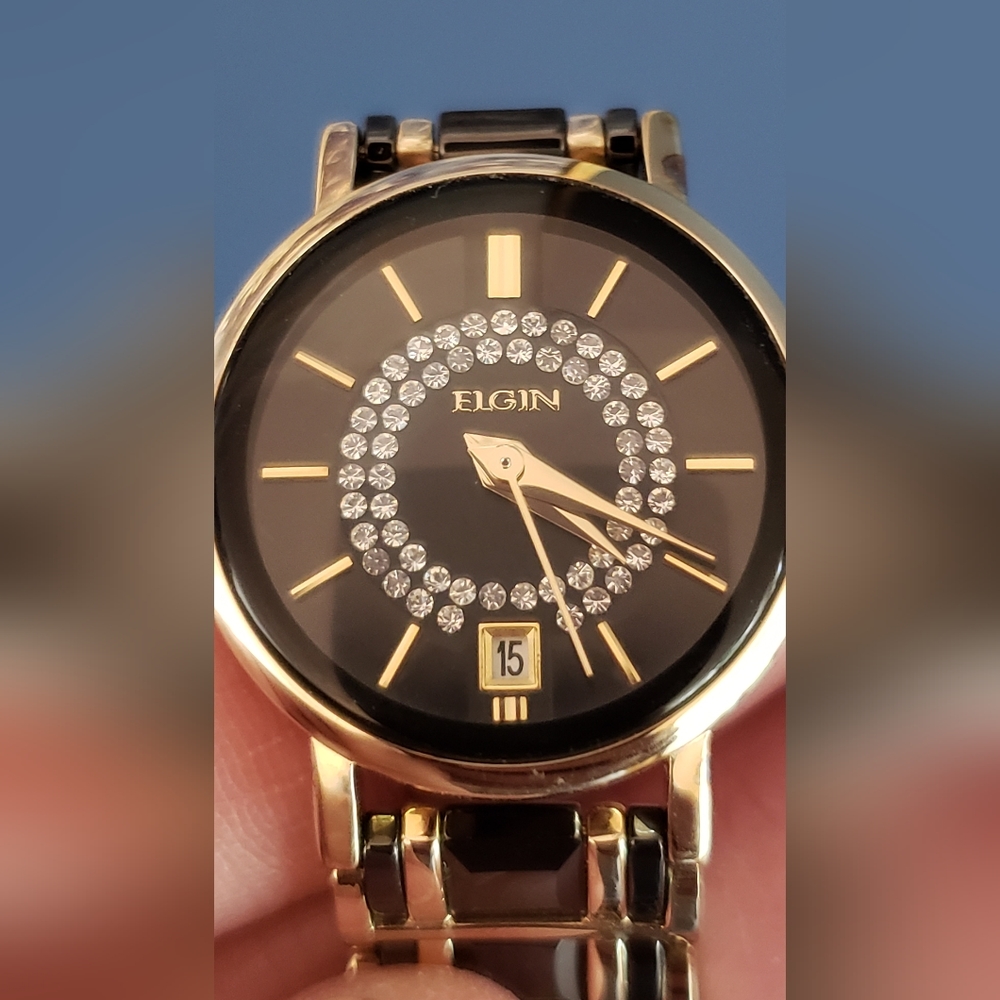 Elgin Women's EG353 Gold-Tone Black Ceramic Crystal Accented Watch. NWT.